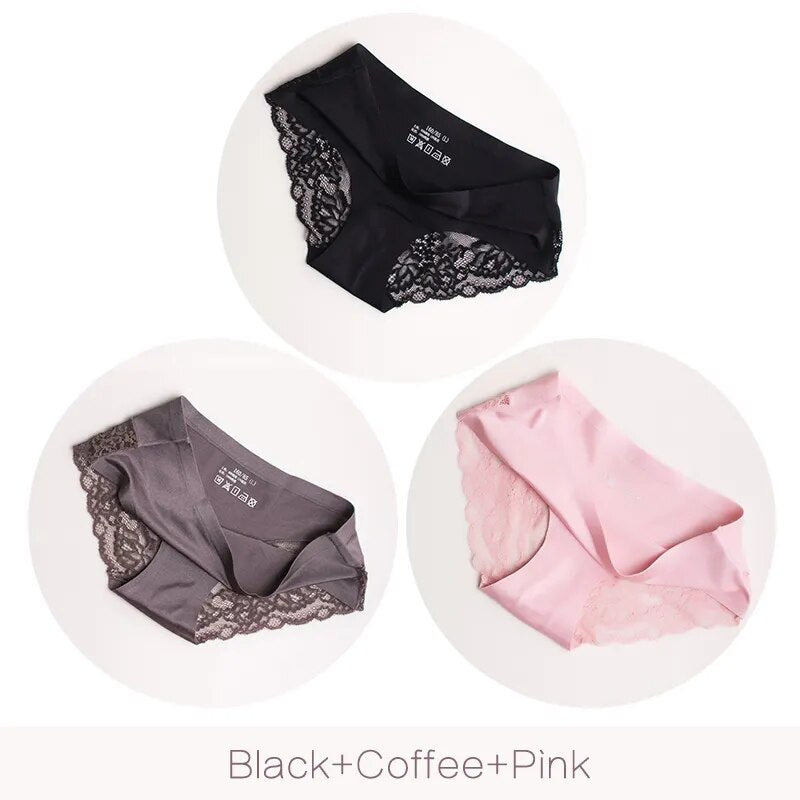Lot de 3 Culottes en soie glacée invisibles avec dentelle