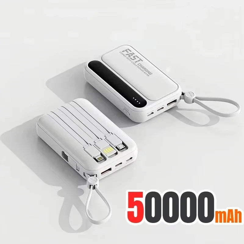 Compact Power Bank with Built-in Cables - 4-in-1 50000mAh