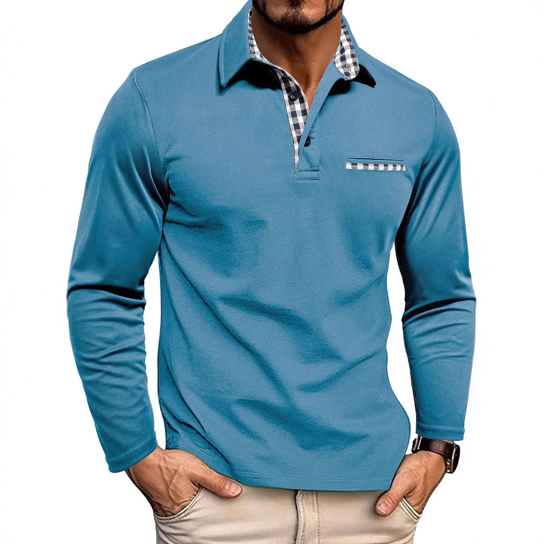 Men's Long Sleeve Tartan Polo Shirt with Collar & Cuffs