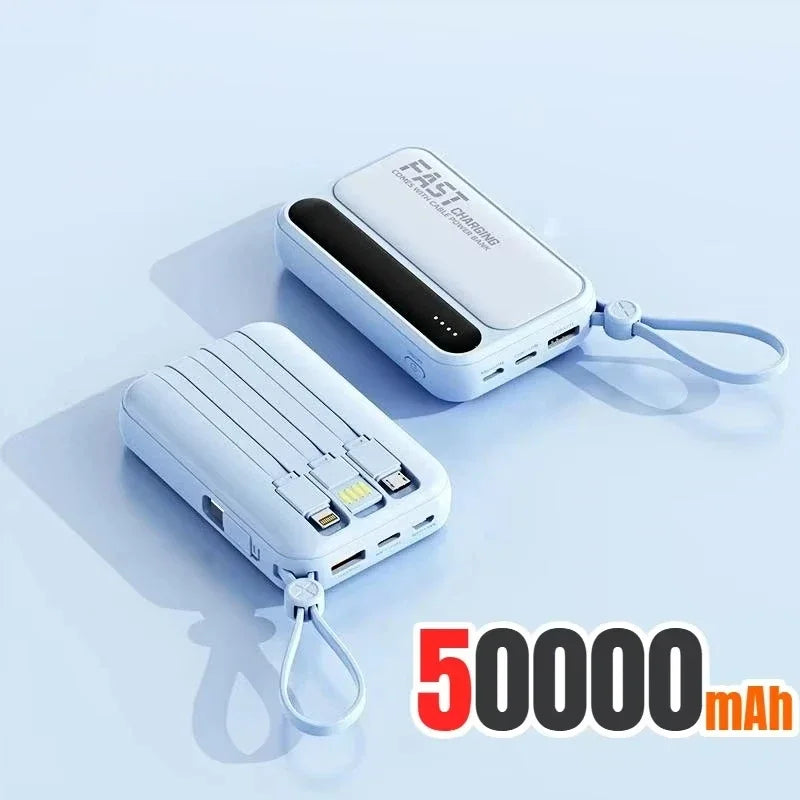 Compact Power Bank with Built-in Cables - 4-in-1 50000mAh