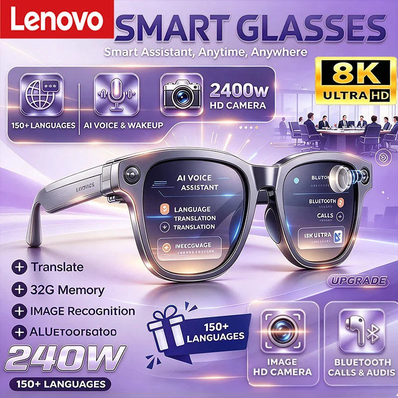 Lunettes Intelligentes Lenovo Unisexe Bluetooth avec IA – Appels, Musique, Enregistrement Vocal & Photo