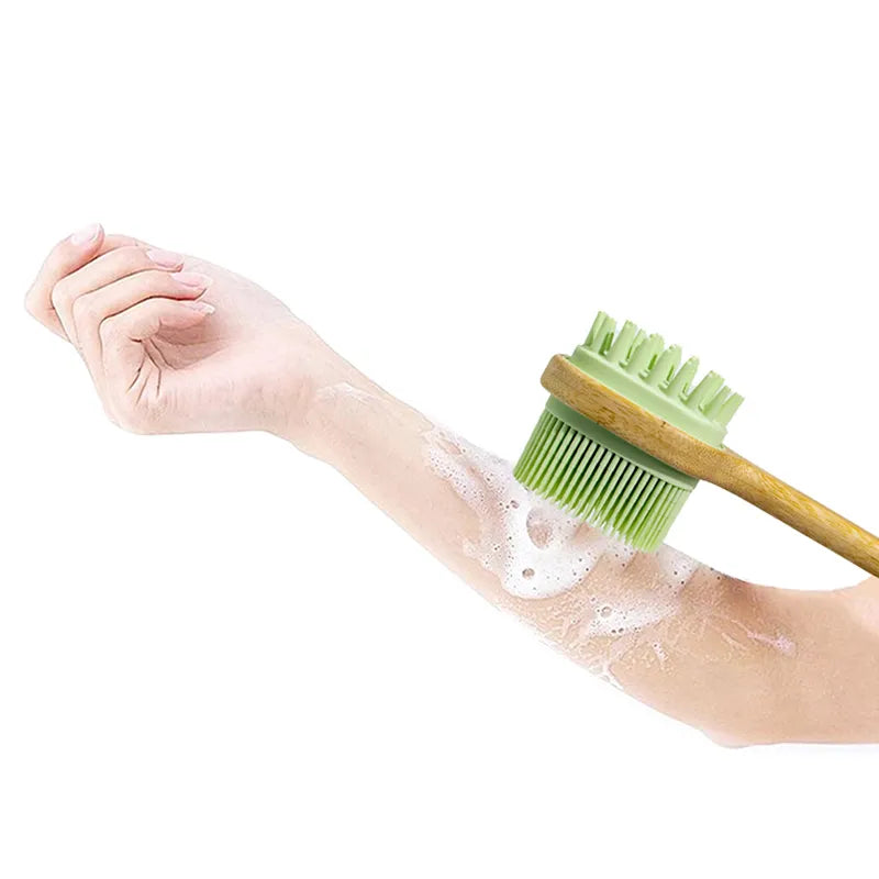 Brosse de douche en Bambou et Silicone souple long manche - 2 faces