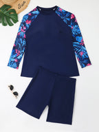 Maillot de bain fleurie 2 pièces à manches longues & shorty - Grande taille