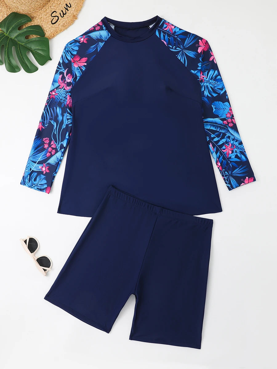 Maillot de bain fleurie 2 pièces à manches longues & shorty - Grande taille
