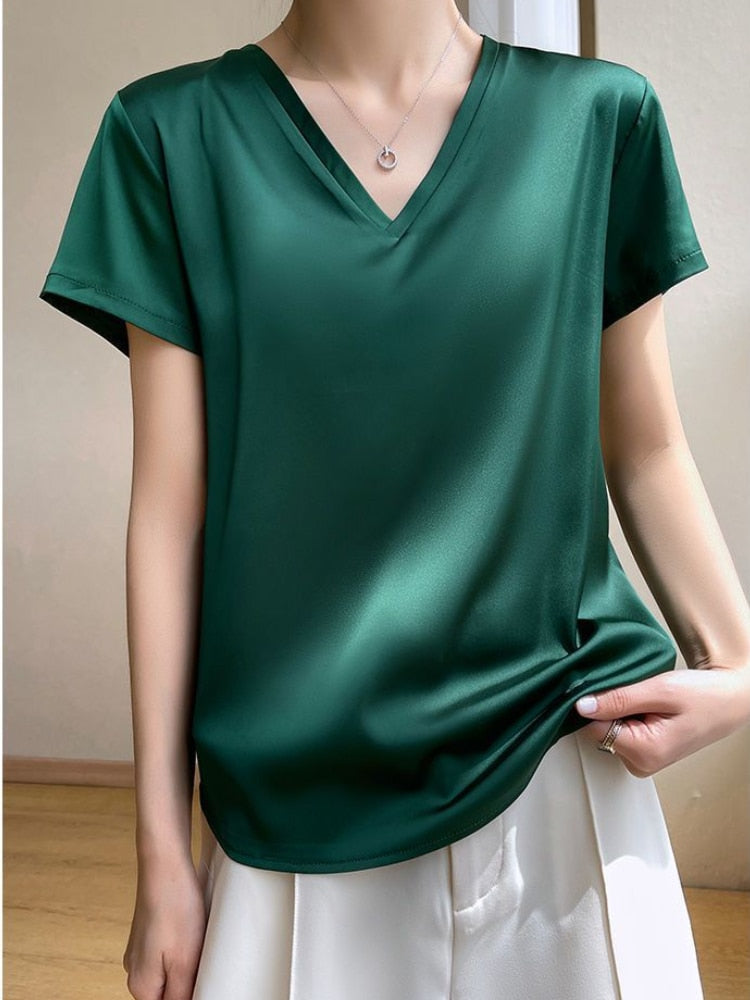 Women's lightweight satin V-neck T-shirt
