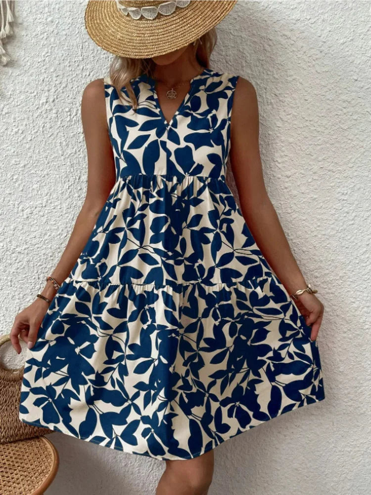 Robe d'Été Boho Florale Élégante Sans Manches Col V à Volants