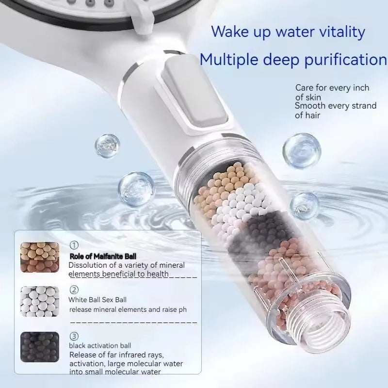 Pommeau de douche haute pression 5 modes avec arrêt — filtre billes minérales anti-chlore