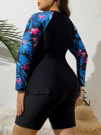 Maillot de bain fleurie 2 pièces à manches longues & shorty - Grande taille