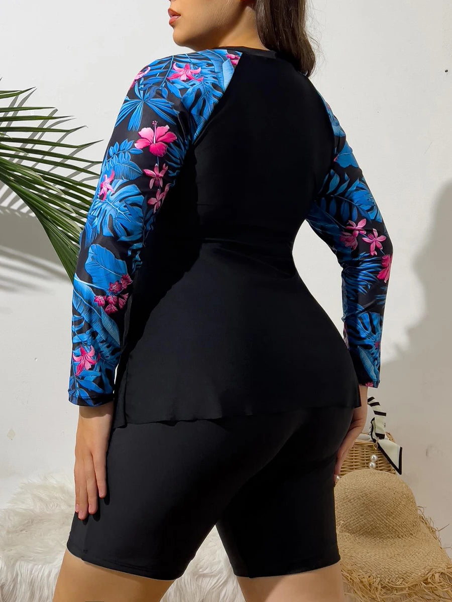 Maillot de bain fleurie 2 pièces à manches longues & shorty - Grande taille
