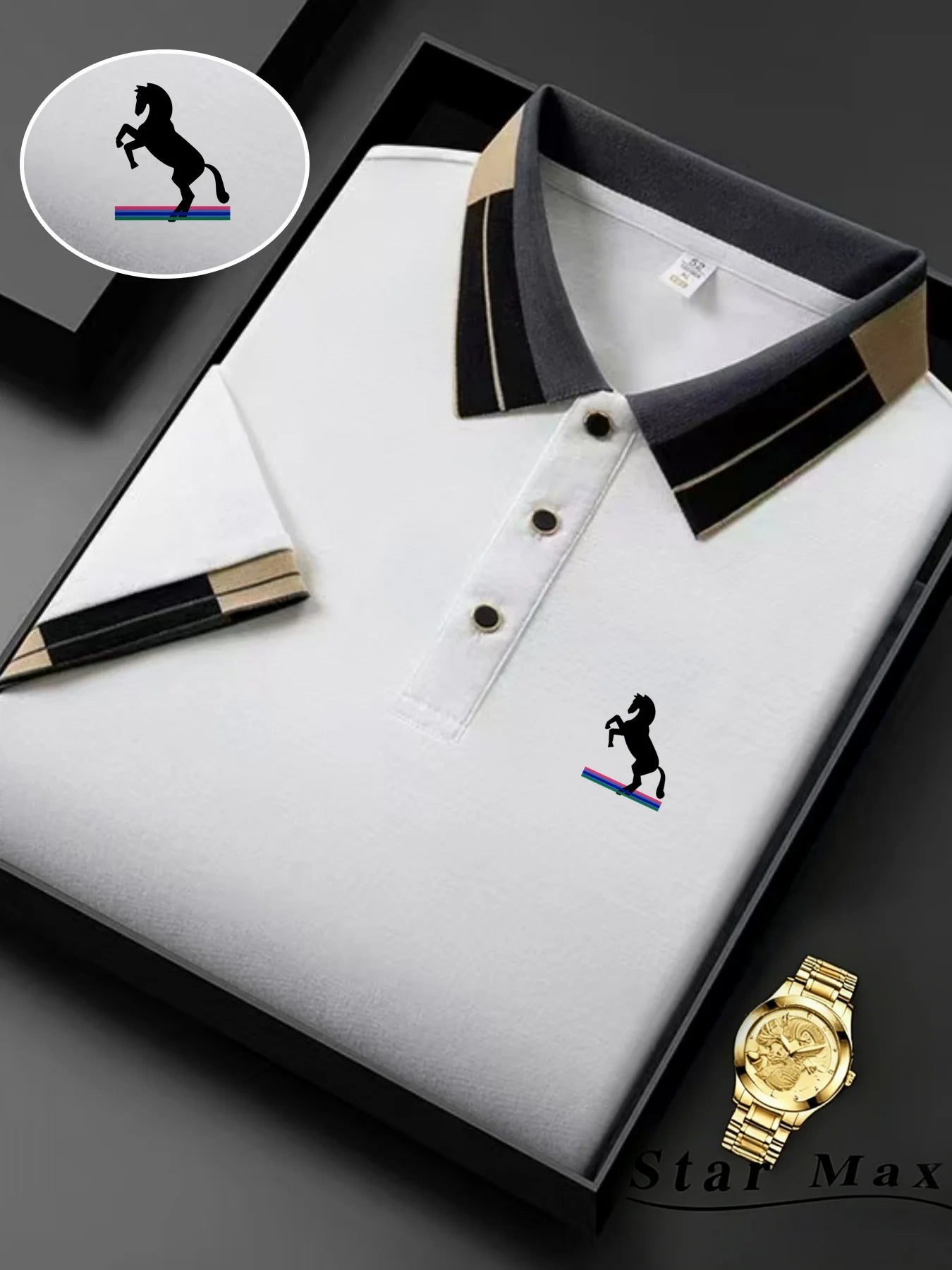 Polo Homme Luxe Brodé Cheval – Manches Courtes, Style Milan et Élégance Business Casual