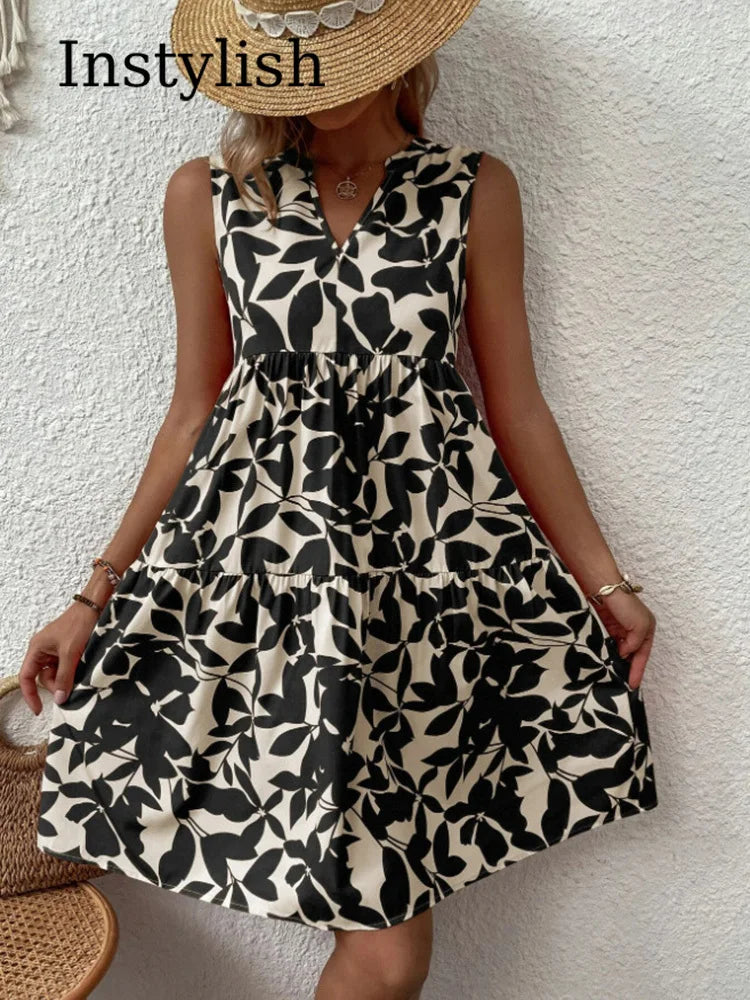 Robe d'Été Boho Florale Élégante Sans Manches Col V à Volants