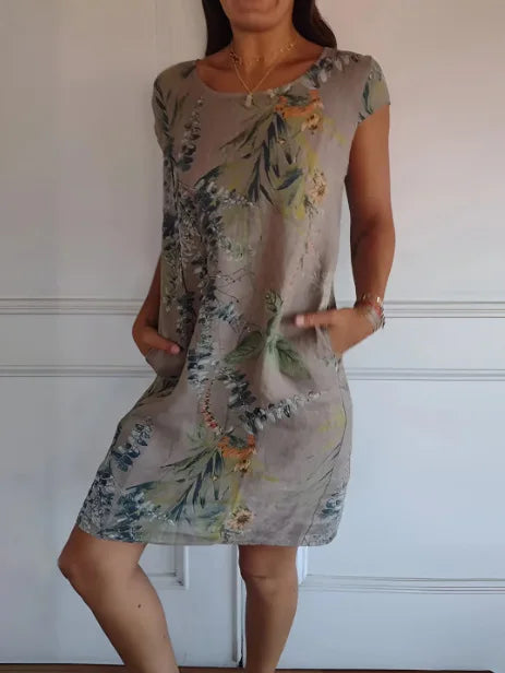 Robe Courte Fluide Col Rond - Motif Tropical