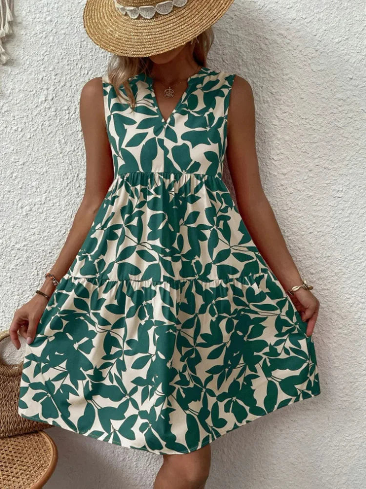 Robe d'Été Boho Florale Élégante Sans Manches Col V à Volants