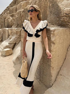 Robe midi élégante en patchwork à volants et taille haute
