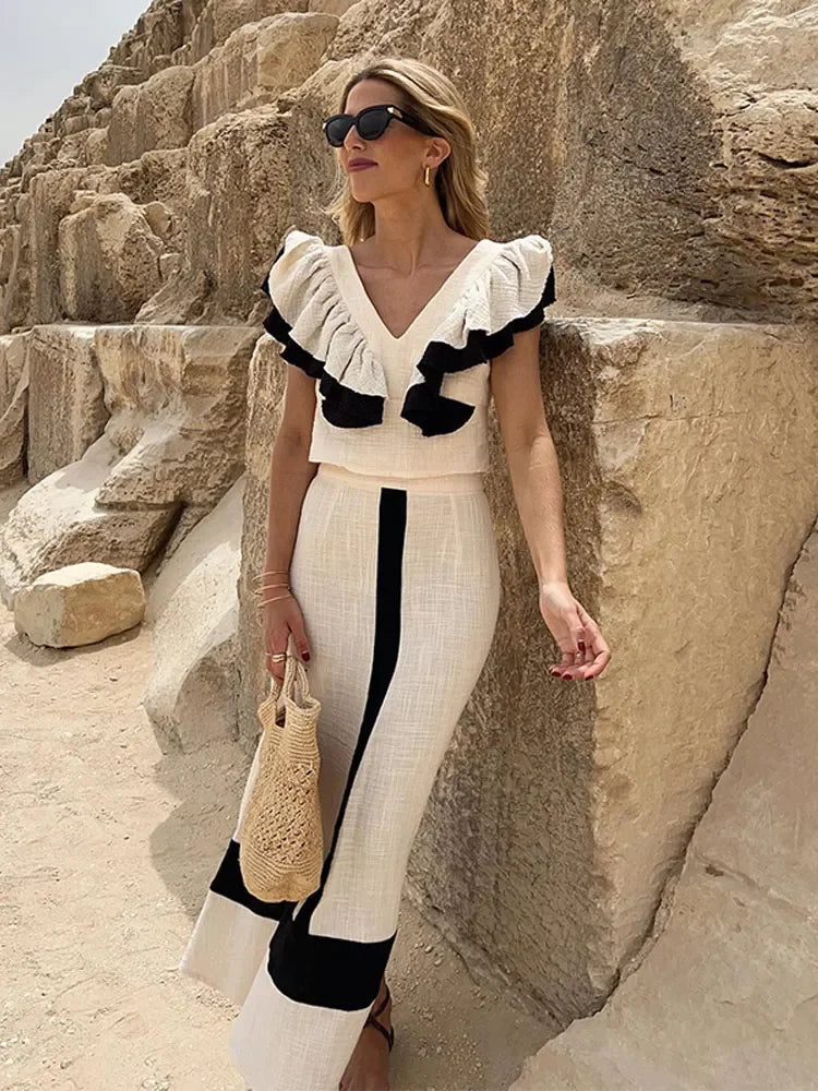 Robe midi élégante en patchwork à volants et taille haute