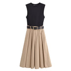 Robe 2 en 1 Jupe Plissé Beige, Débardeur Noir & Ceinture Croco