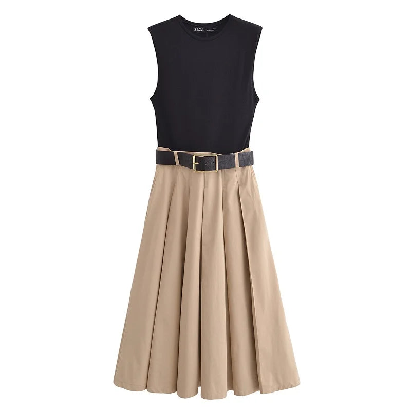 Robe 2 en 1 Jupe Plissé Beige, Débardeur Noir & Ceinture Croco
