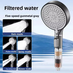 High-Pressure 5-Mode Shower Head with Pause Button — Anti-Chlorine Mineral Ball Filter