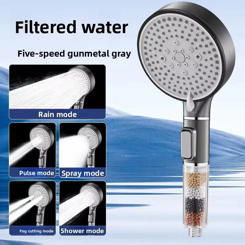 High-Pressure 5-Mode Shower Head with Pause Button — Anti-Chlorine Mineral Ball Filter