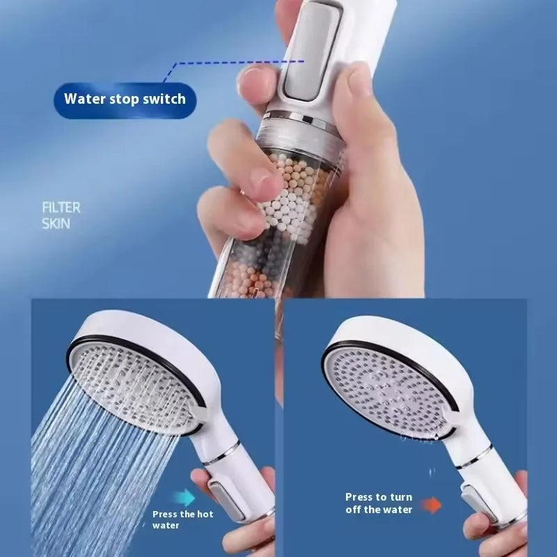 Pommeau de douche haute pression 5 modes avec arrêt — filtre billes minérales anti-chlore