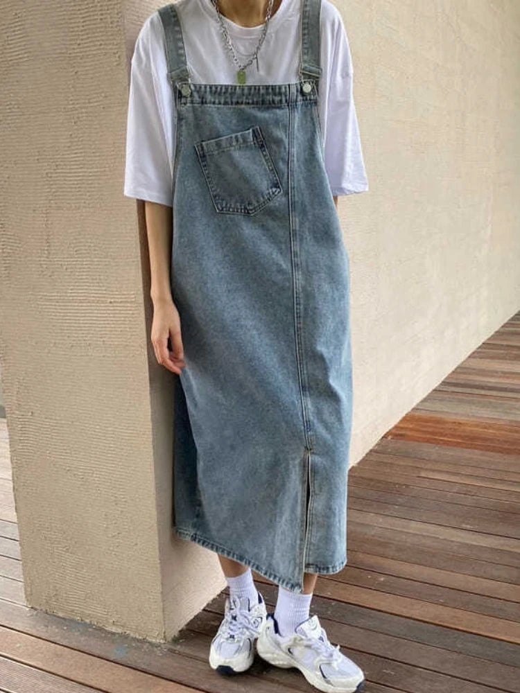 Robe Salopette en Jean Longue avec Poche Avant