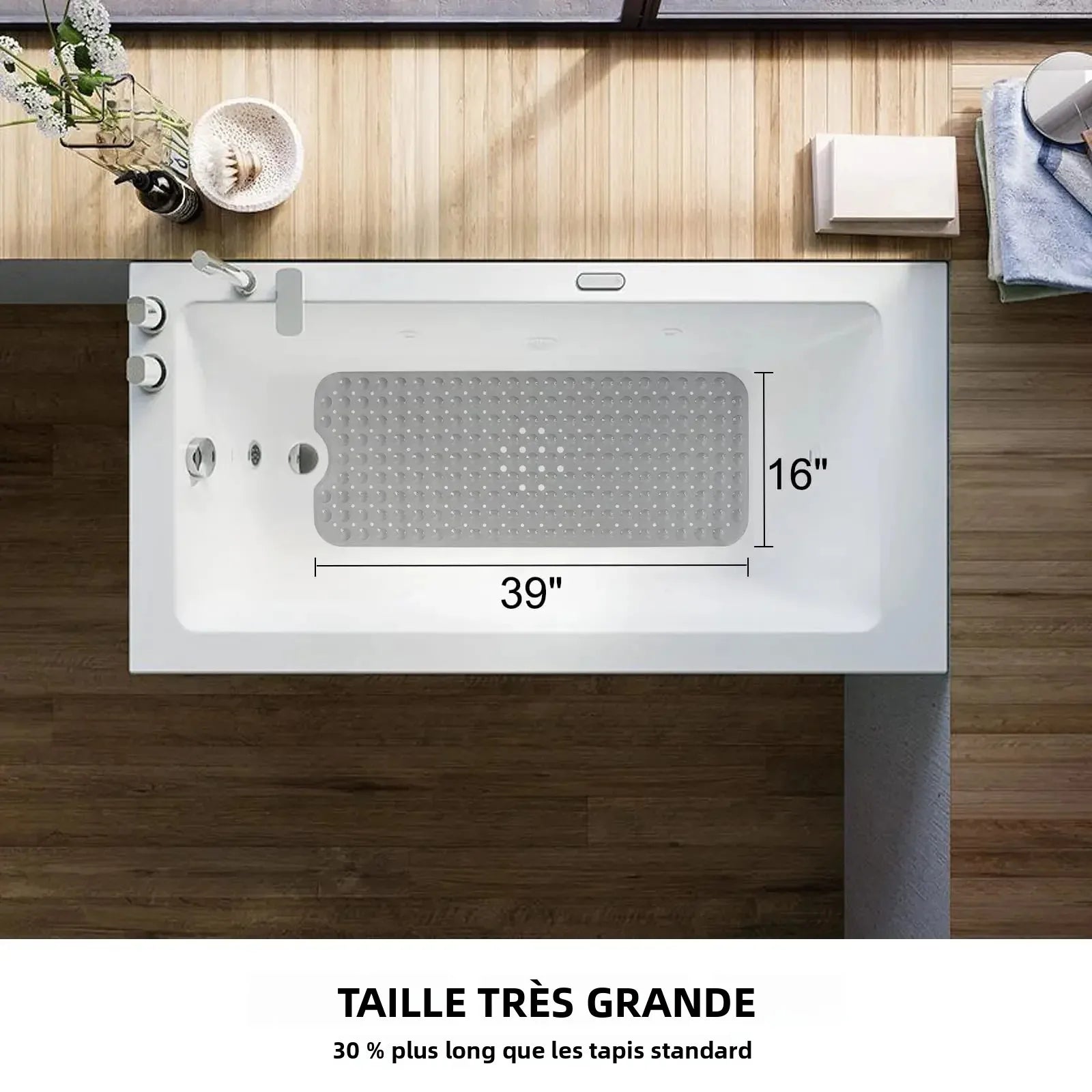 Tapis de Baignoire Extra Long à Ventouses Antidérapantes