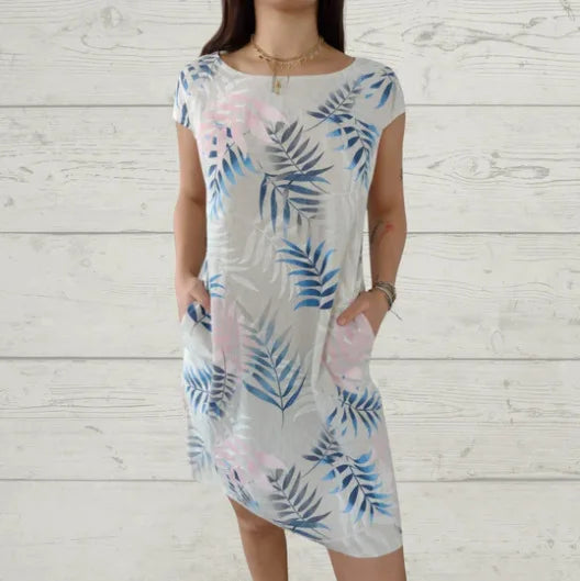 Robe Courte Fluide Col Rond - Motif Tropical