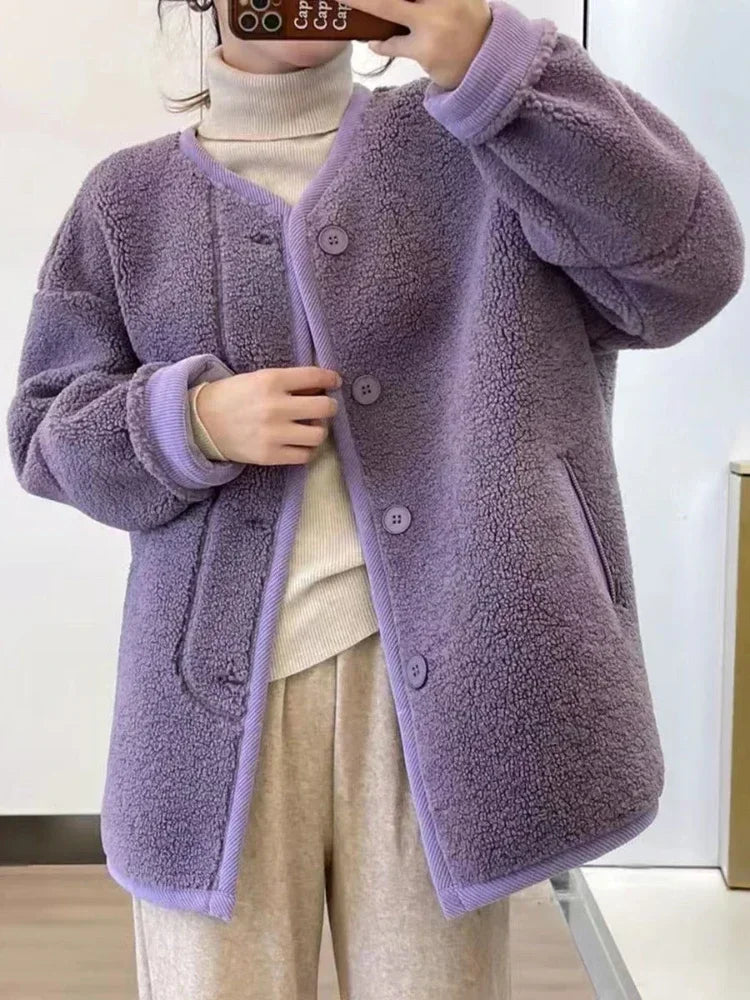Veste en peluche à col en V pour femmes