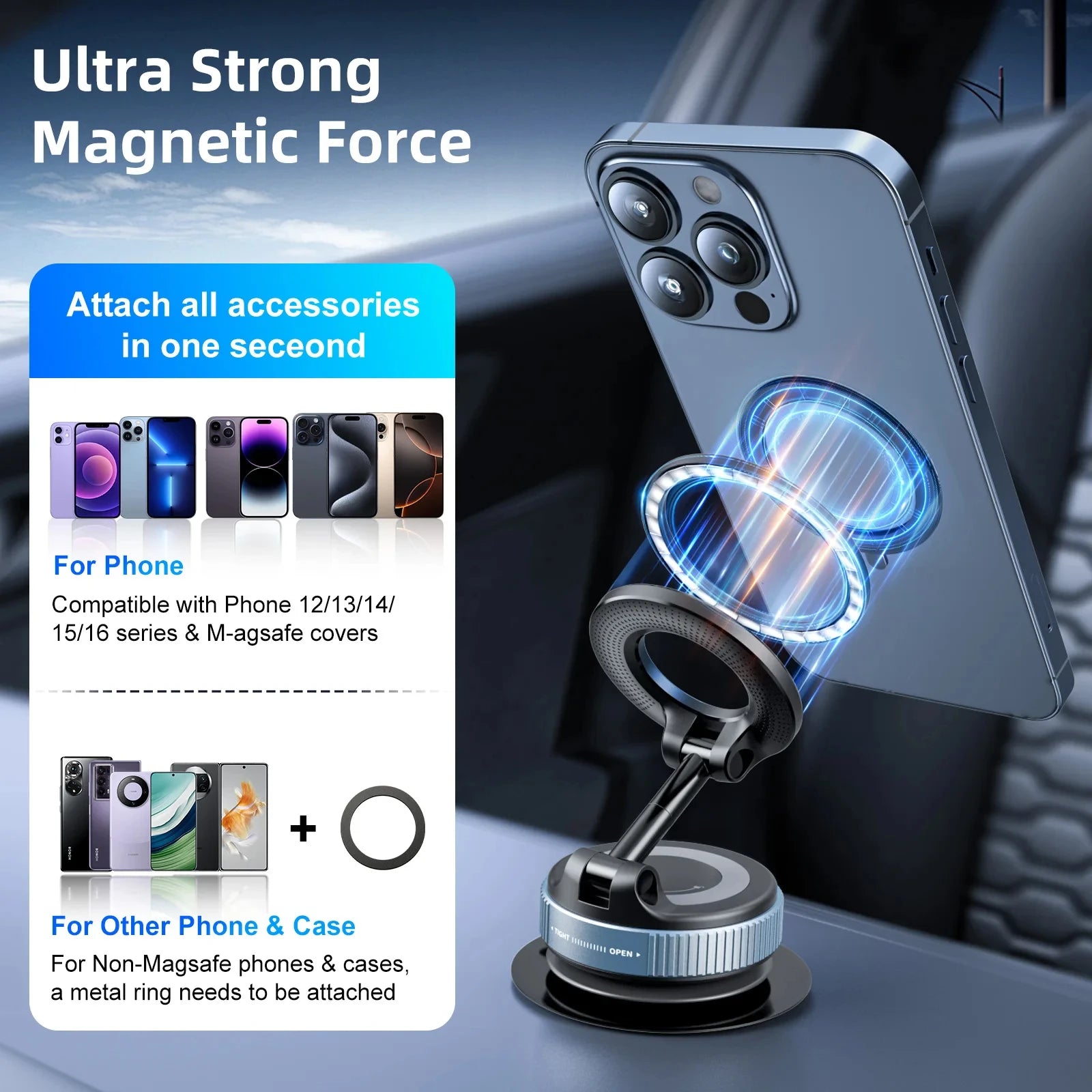 Support de voiture 360° pliable et magnétique à ventouse puissante