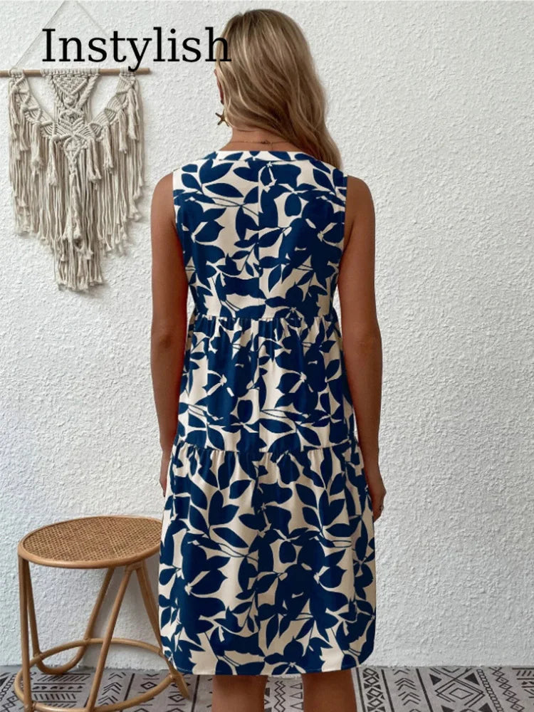 Robe d'Été Boho Florale Élégante Sans Manches Col V à Volants