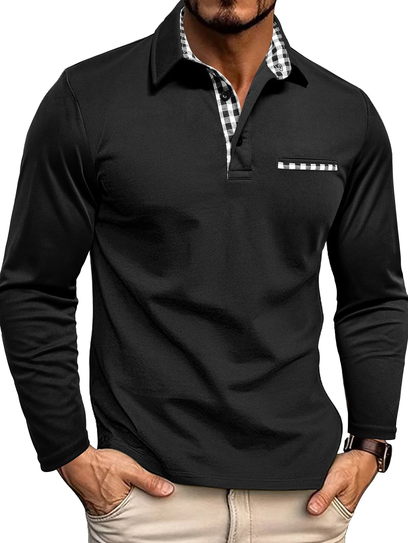 Men's Long Sleeve Tartan Polo Shirt with Collar & Cuffs