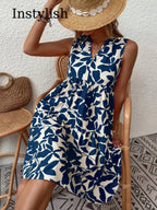 Robe d'Été Boho Florale Élégante Sans Manches Col V à Volants
