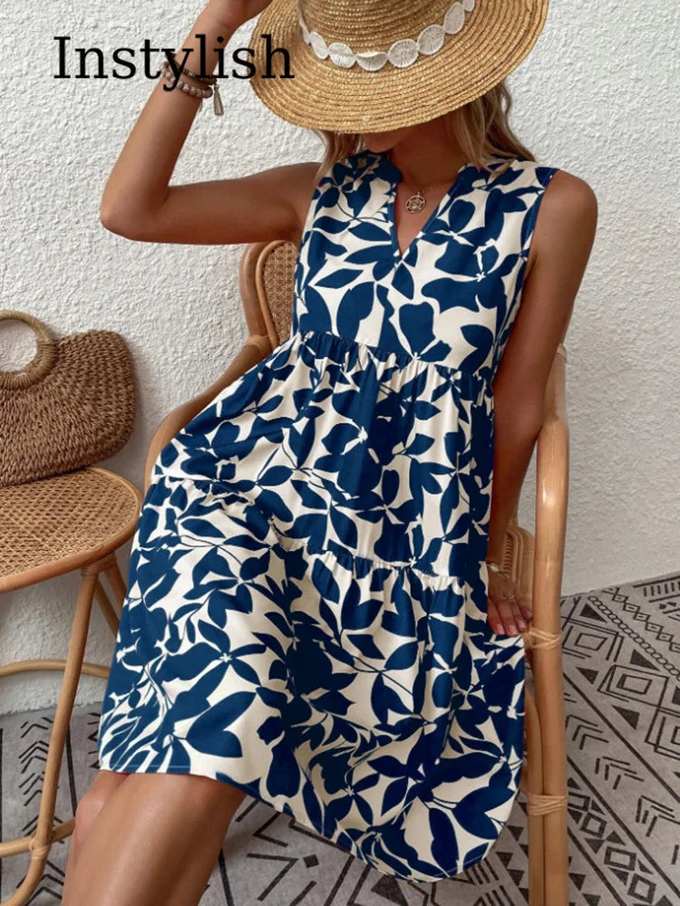Robe d'Été Boho Florale Élégante Sans Manches Col V à Volants