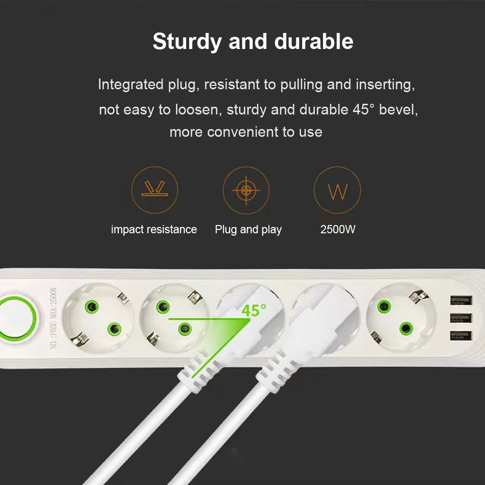 Multiprise 2500W 2 Mètres avec 3 Ports USB