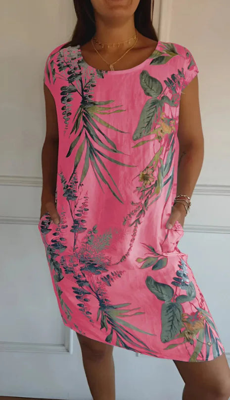 Robe Courte Fluide Col Rond - Motif Tropical
