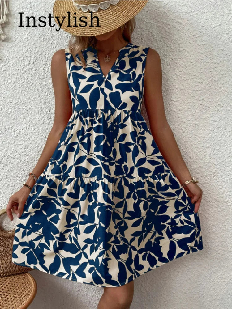 Robe d'Été Boho Florale Élégante Sans Manches Col V à Volants