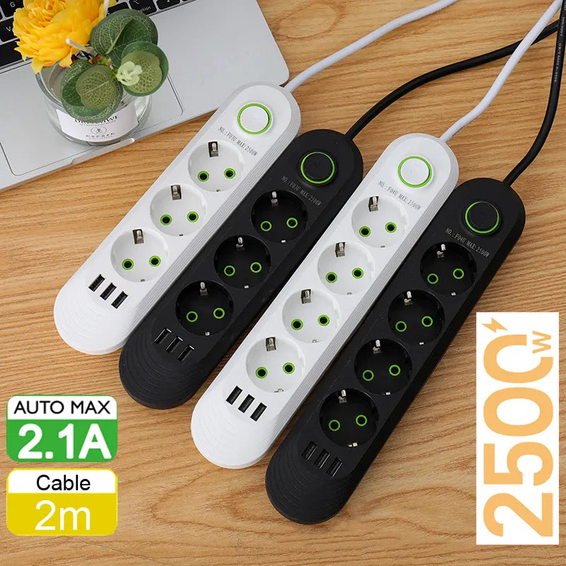 Multiprise 2500W 2 Mètres avec 3 Ports USB