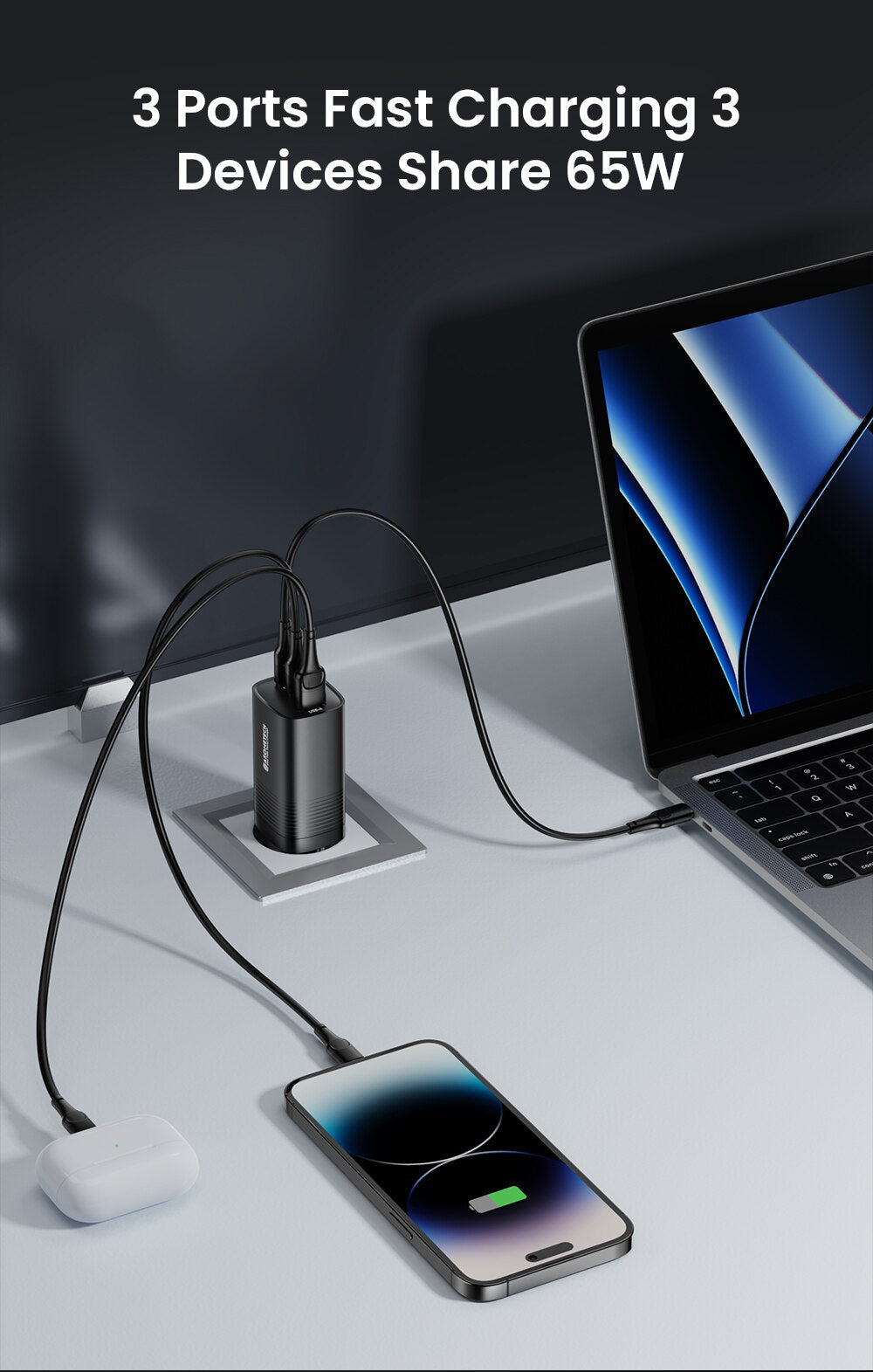 Chargeur USB 3 ports ULTRA RAPIDE - 65W