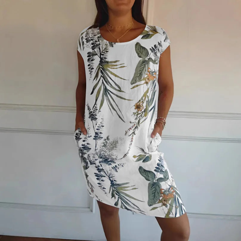 Robe Courte Fluide Col Rond - Motif Tropical
