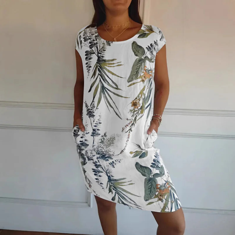 Robe Courte Fluide Col Rond - Motif Tropical