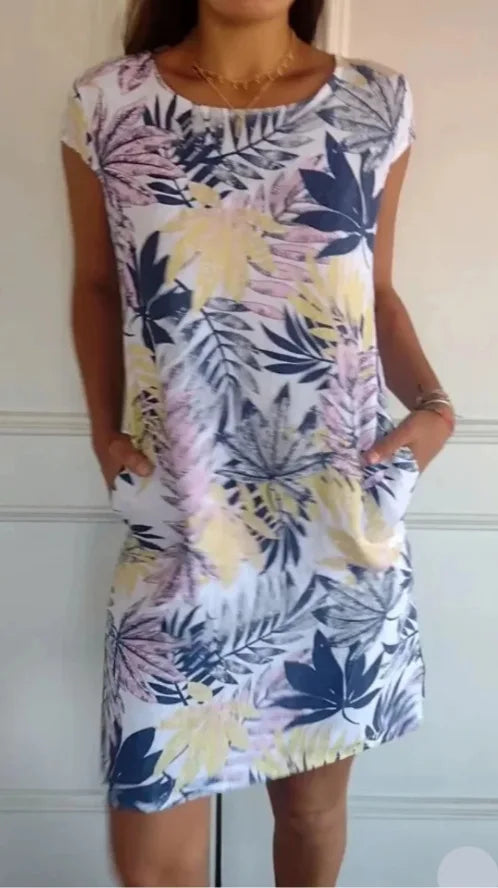 Robe Courte Fluide Col Rond - Motif Tropical