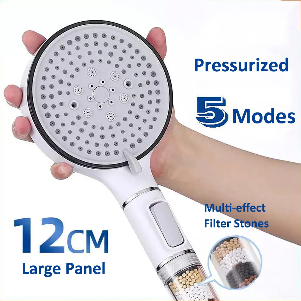 Pommeau de douche haute pression 5 modes avec arrêt — filtre billes minérales anti-chlore