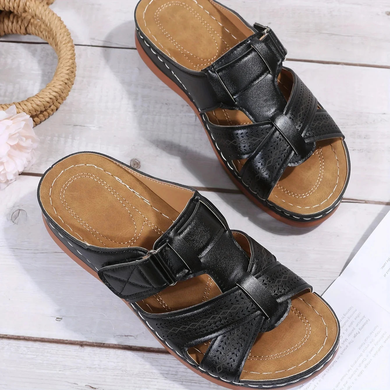 Sandales compensées orthopédiques en cuir vintage