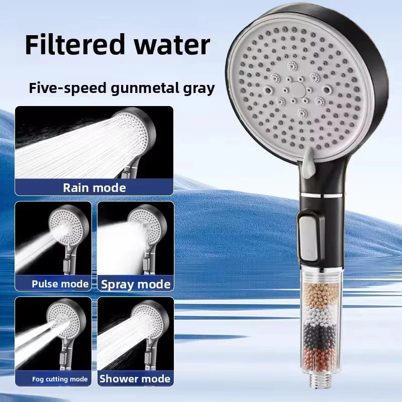 High-Pressure 5-Mode Shower Head with Pause Button — Anti-Chlorine Mineral Ball Filter