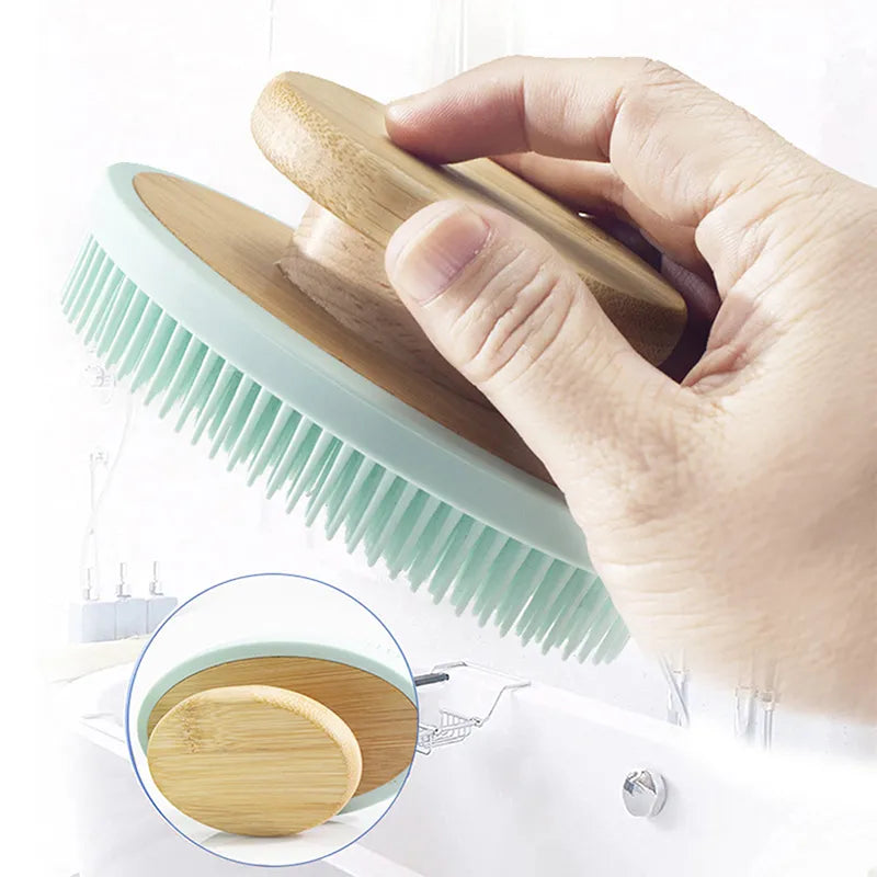 Brosse de douche en Bambou et Silicone souple long manche - 2 faces