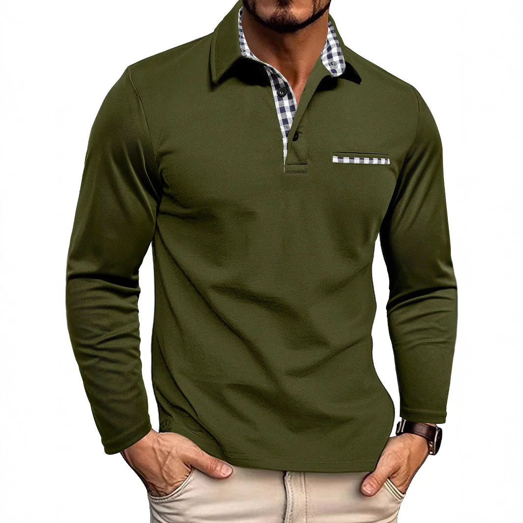 Men's Long Sleeve Tartan Polo Shirt with Collar & Cuffs