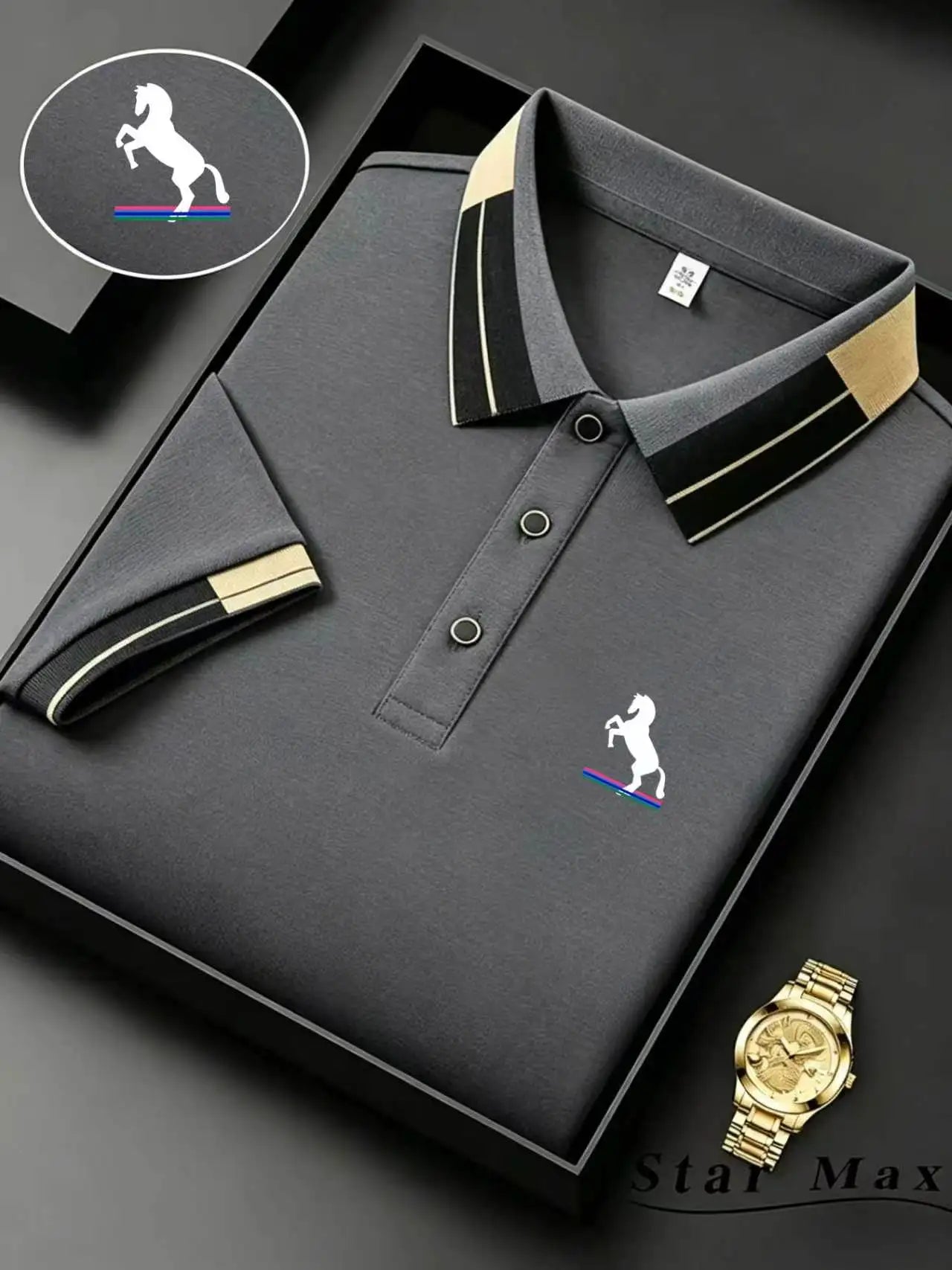 Men's Luxury Embroidered Horse Polo Shirt – Short Sleeve, Milan Style and Business Casual Elegance