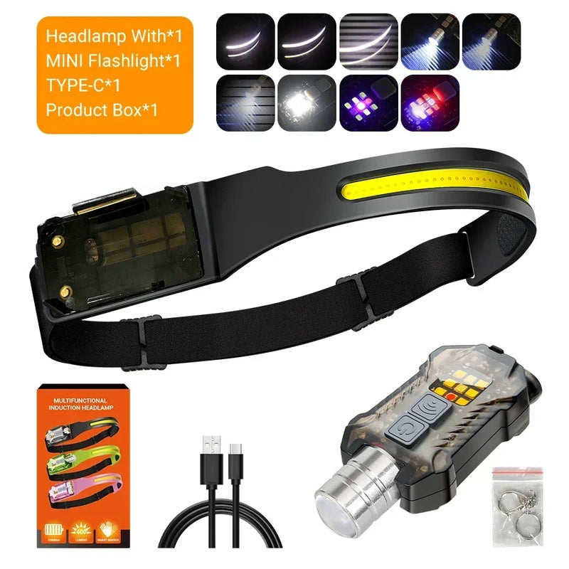 Lampe Frontale LED Rechargeable – 9 Modes & Détection