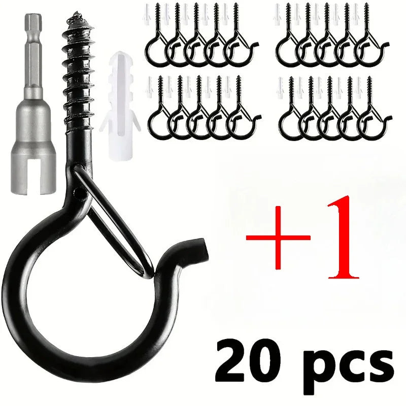 Lot de 20 Crochets à Vis avec Clip de Sécurité – Fixation pour Guirlandes Lumineuses, Plantes Suspendues & Décoration