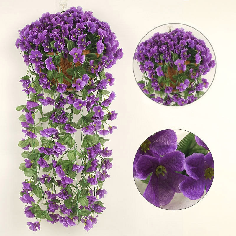 Panier de fleurs suspendu - Violettes, Orchidées, Roses..